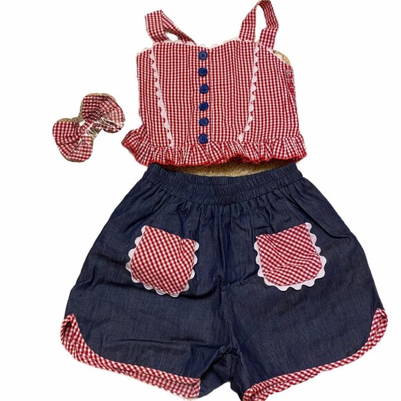 Dollcake Picnic in the Park Sz 6 Red Gingham Top & Shorts Outfit w/ Hair Bow NWO - Picture 2 of 7